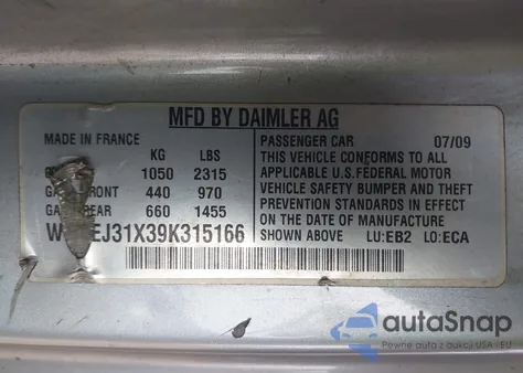 2009 Smart Fortwo Brabus/Passion/Pure z USA, uszkodzony, nr VIN WMEEJ31X39K315166